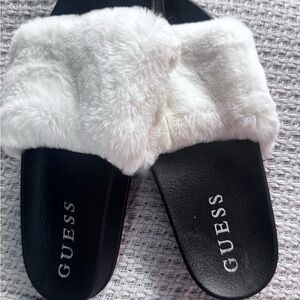 Guess Black Slides with Plush White Fur